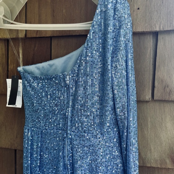 Xtraordinary One Shoulder Sequin Wrap Drape Mini Dress Blue Size 5 - Picture 14 of 16